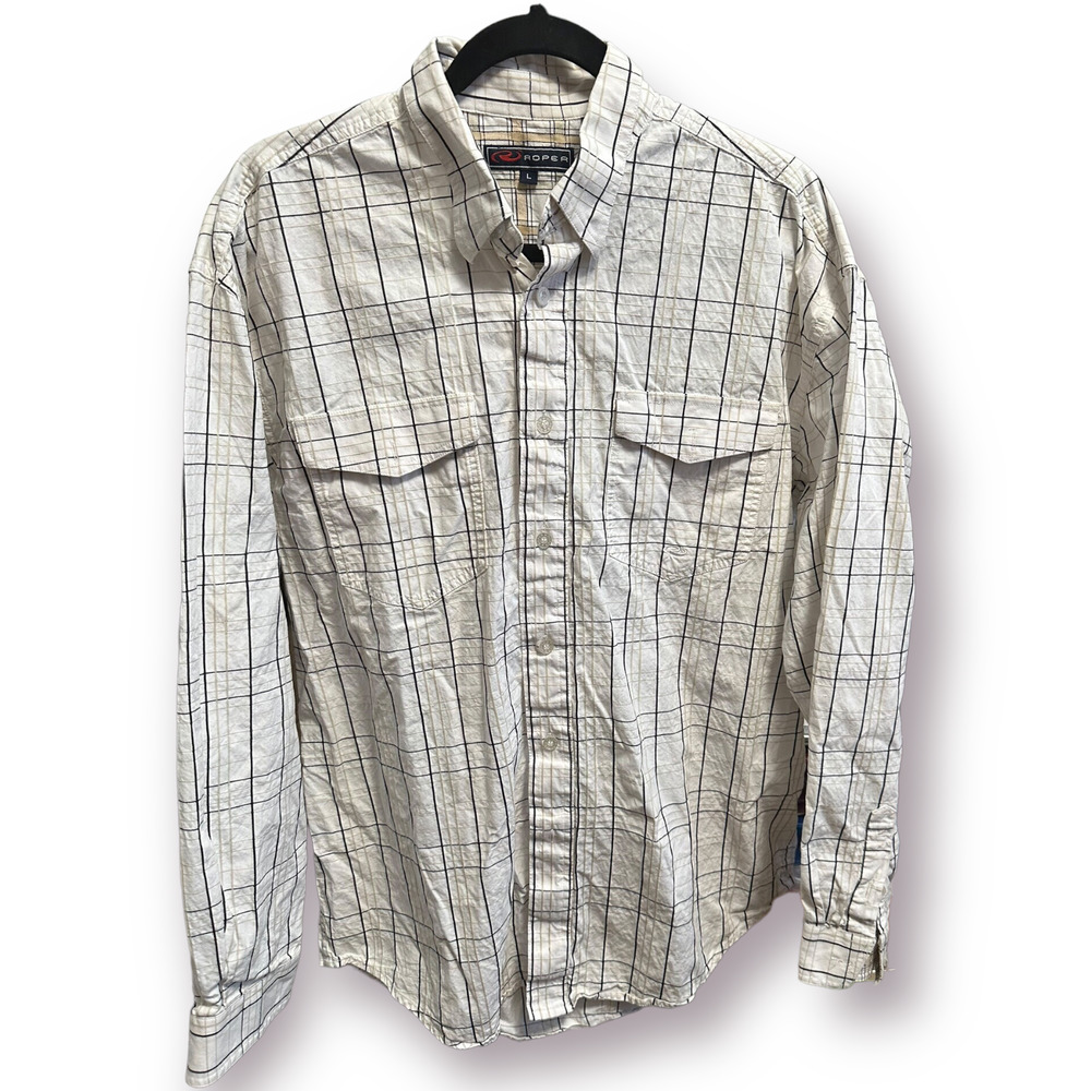 ROPER Men's L Heavyweight Cotton Cream / white Plaid Button-down Western Shirt